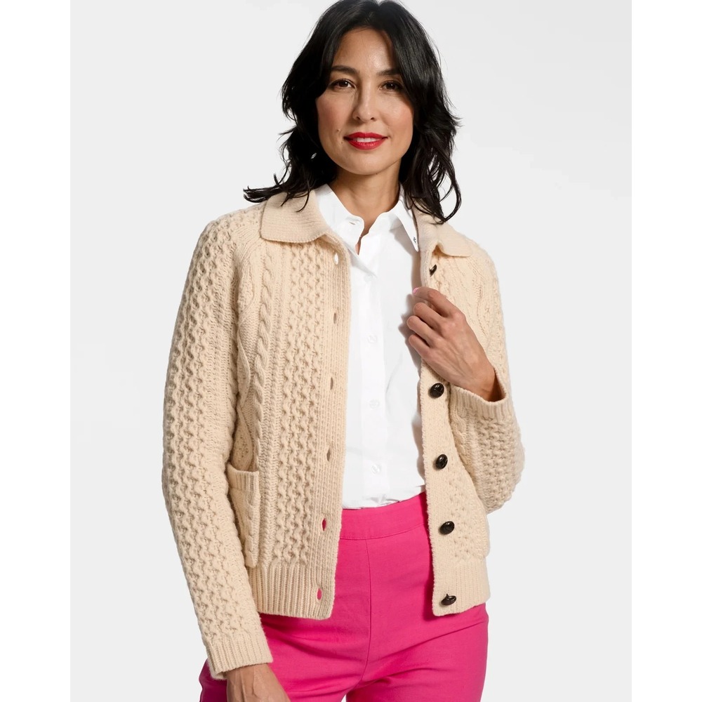 Frances Valentine Wool Fisherman Aran Cable‎ Knit Cardigan Sweater in Natural XS
